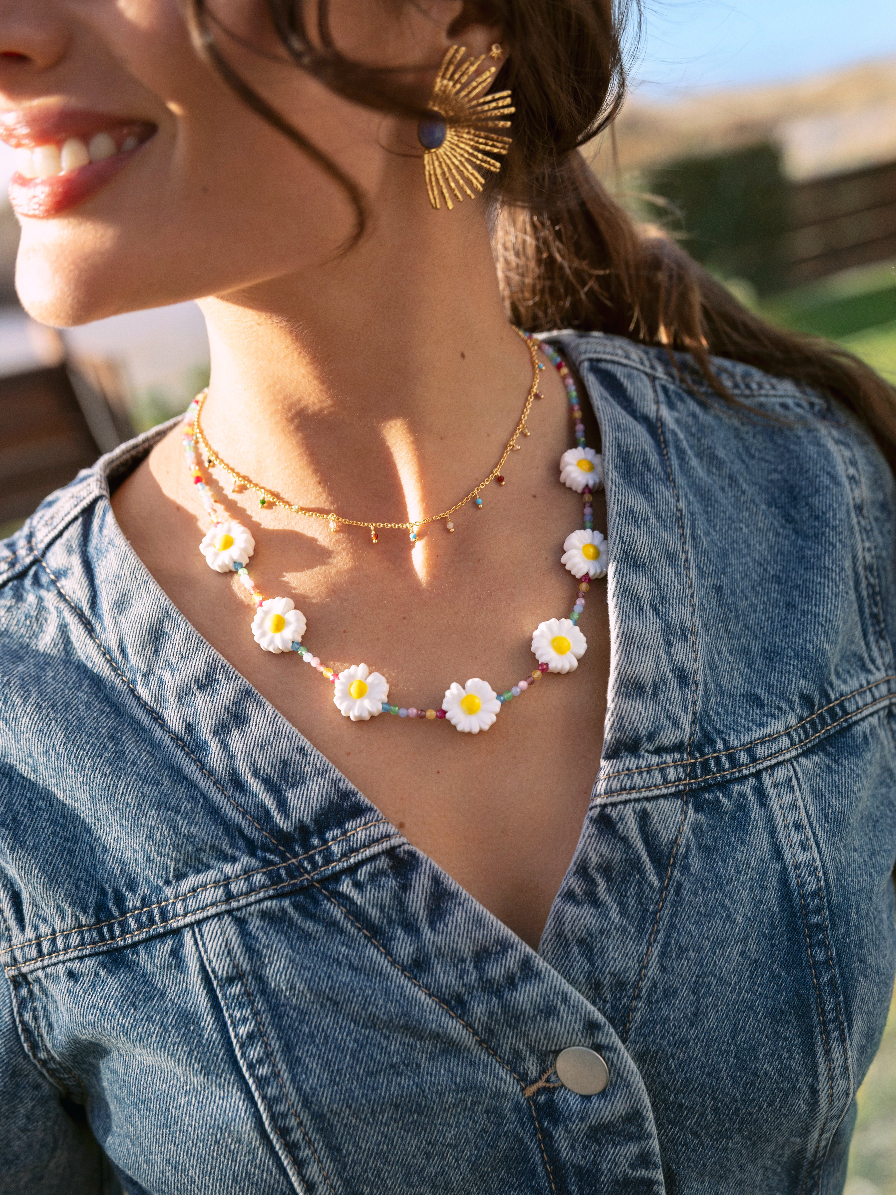 Collar Long Margarita Acero Baño Oro