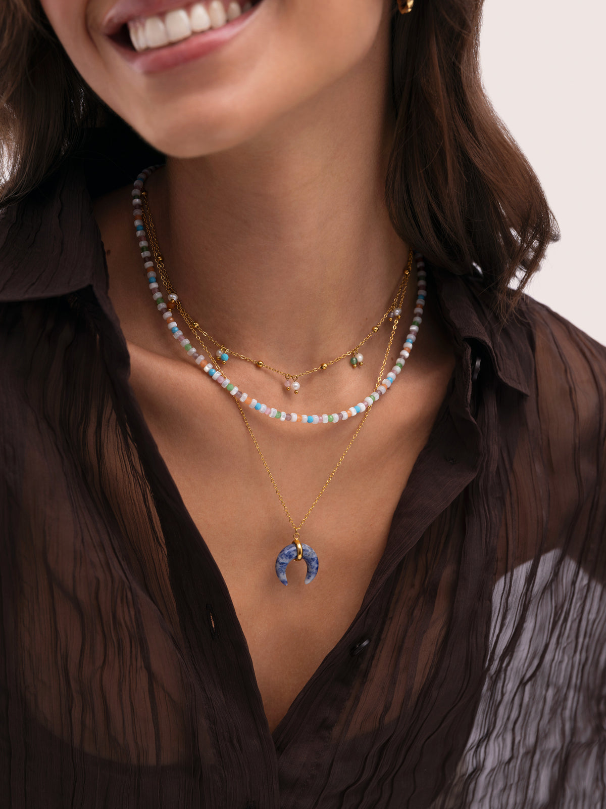 Collar Mini Moon Azul Acero Baño Oro