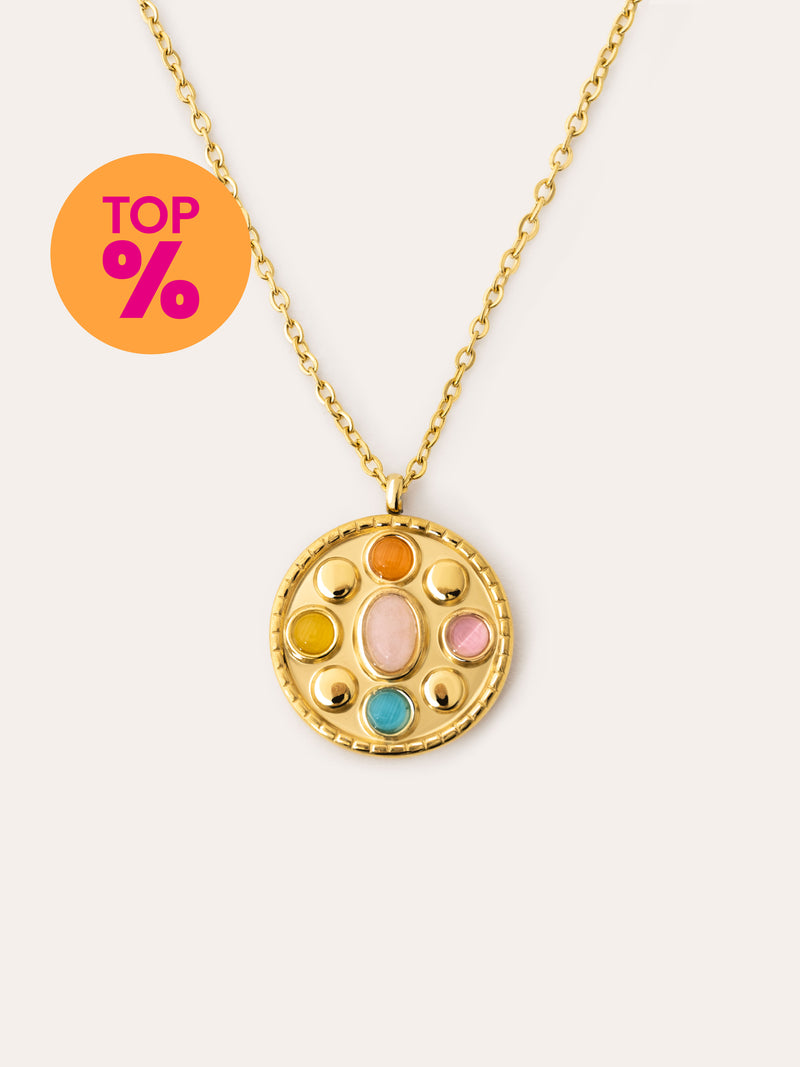 Colar Medallion Five Stones Aço Banho de Ouro