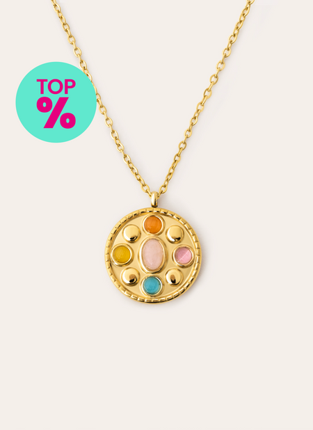 Colar Medallion Five Stones Aço Banho de Ouro
