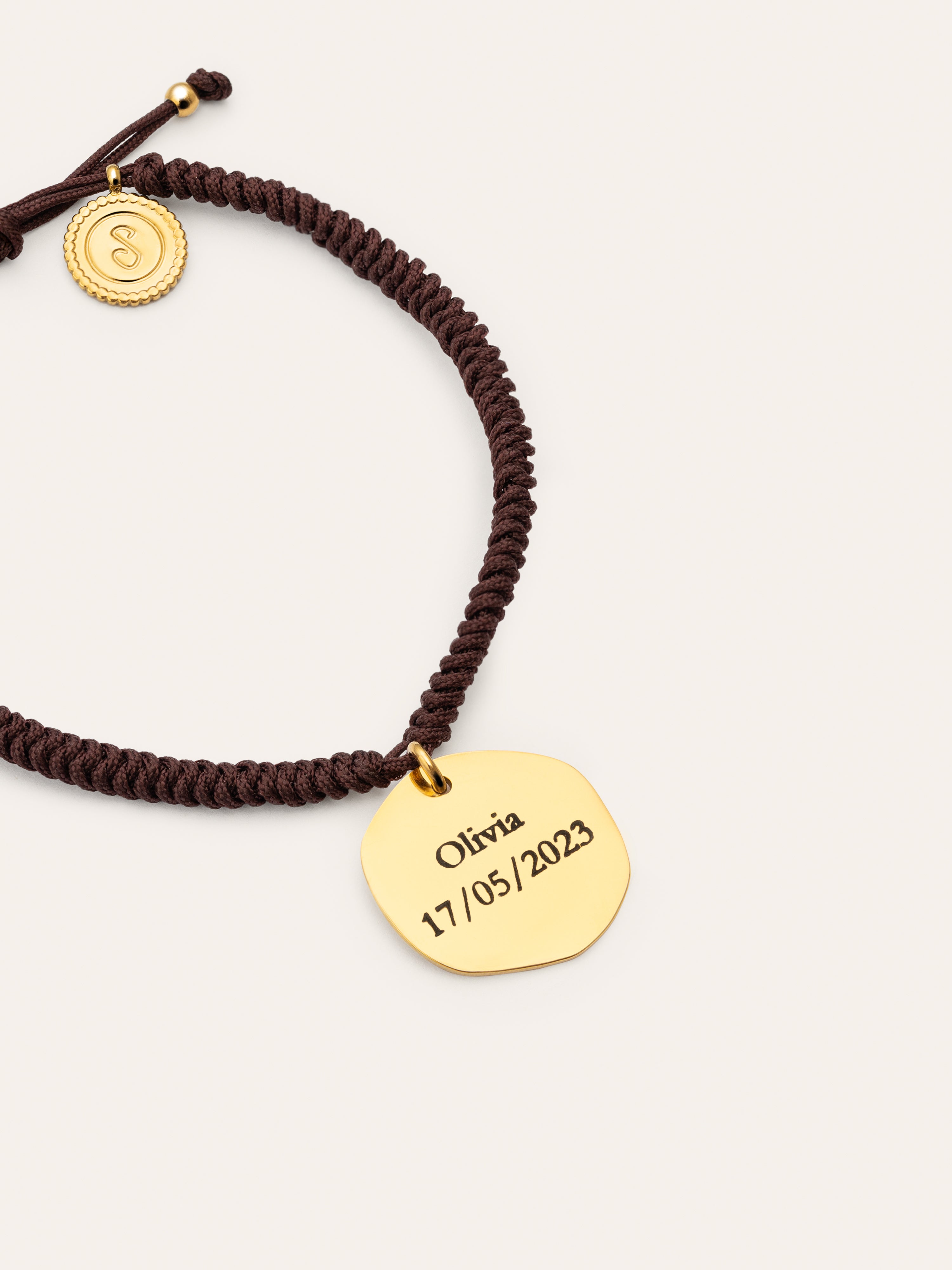 Personalisiertes Medallion Armband Braun, vergoldet