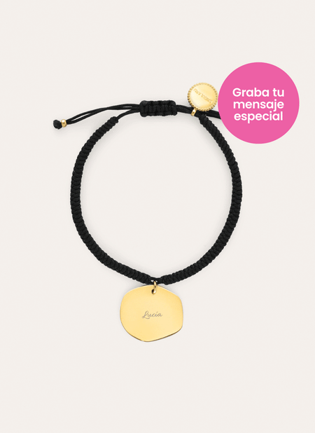 Pulsera Personalizada Medallón Organic Negro Acero Baño Oro