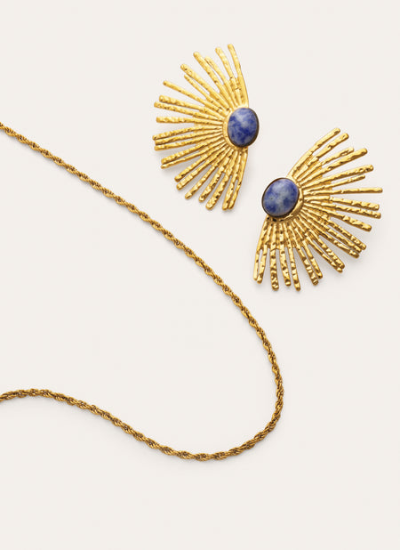 Coffret Cadeau Collier et Boucles D'oreilles Bleu Acier Plaqué Or
