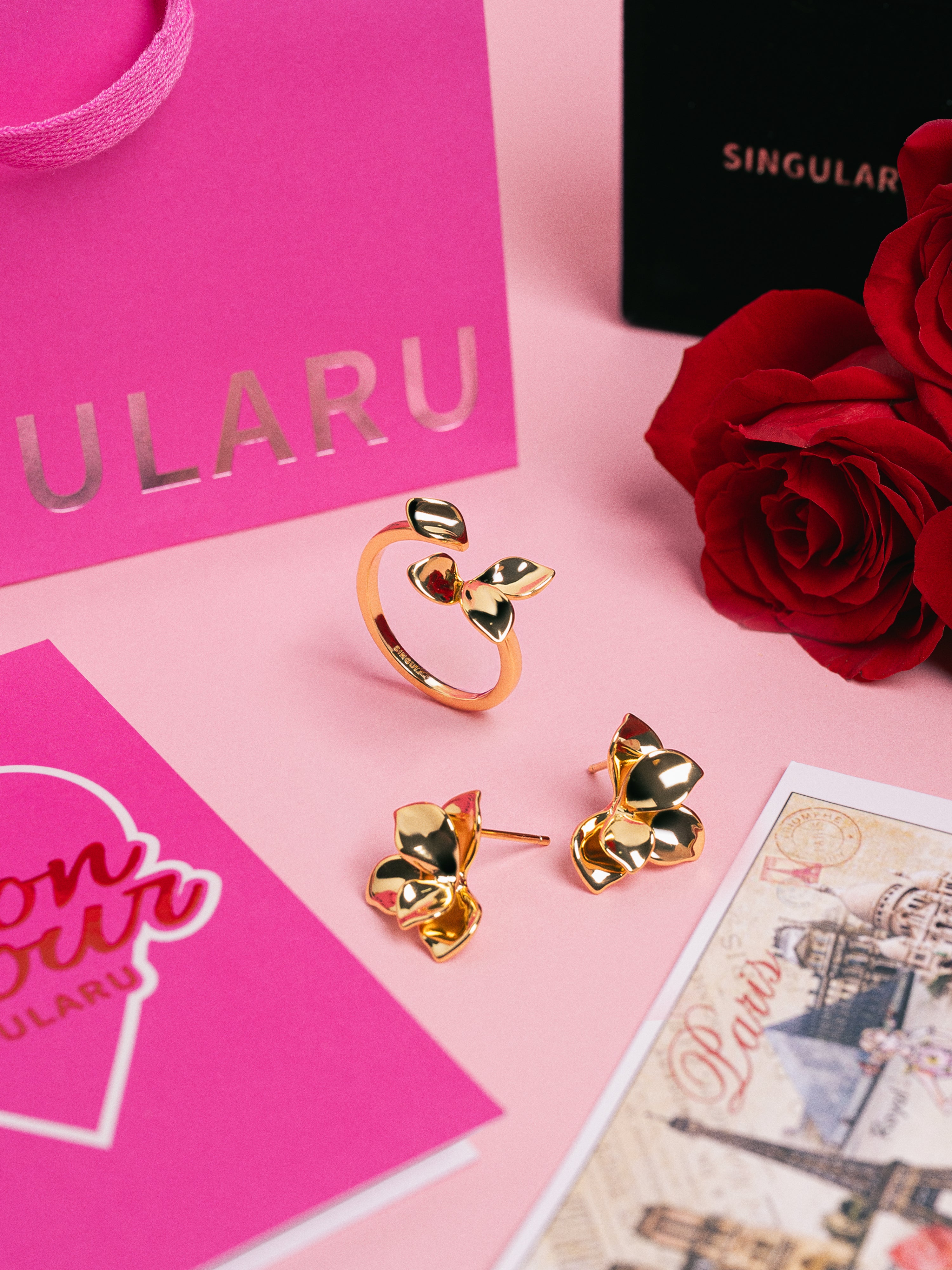 Pack Regalo Pendientes y Anillo Zinnia Baño Oro