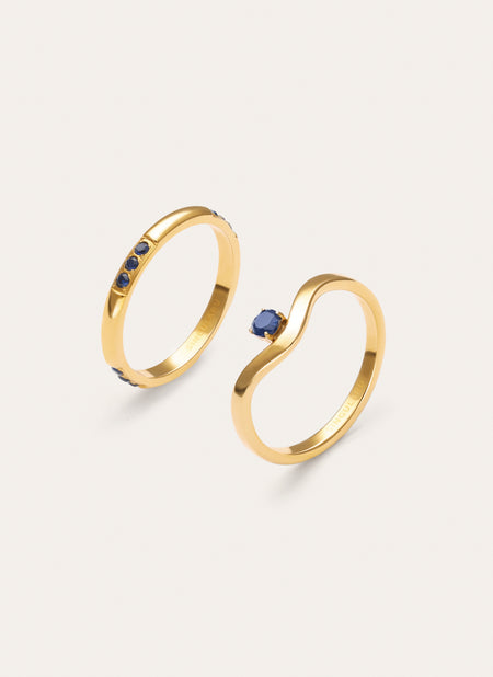 Pack 2 Ringe Klein Blau Stahl Vergoldet mit 18kt Gold