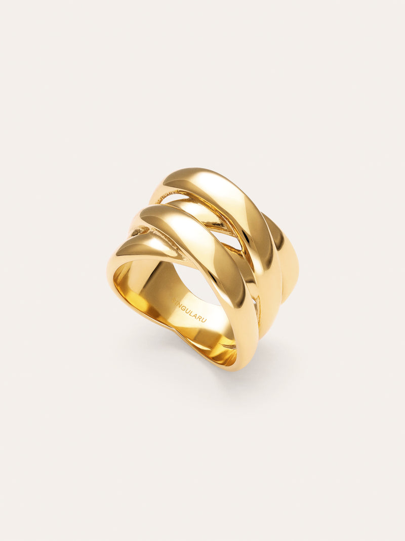 Anillo Double Cross Acero Baño Oro