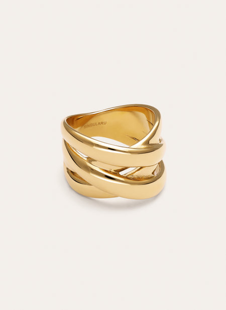 Anillo Double Cross Acero Baño Oro