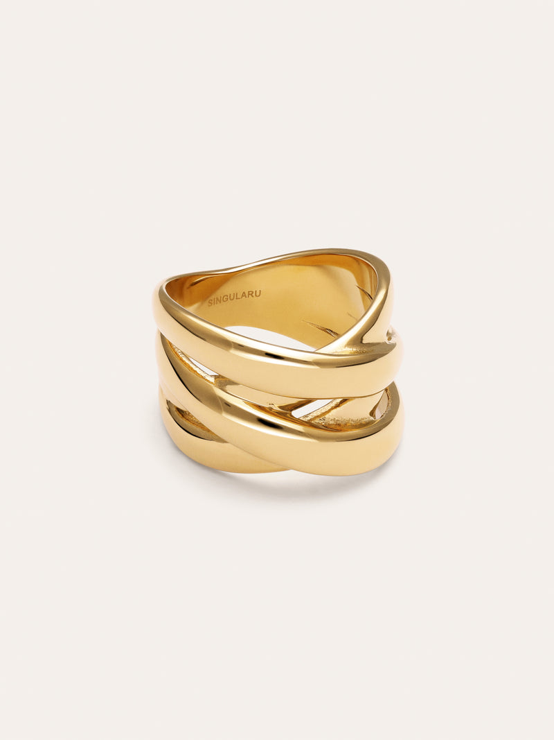 Anillo Double Cross Acero Baño Oro