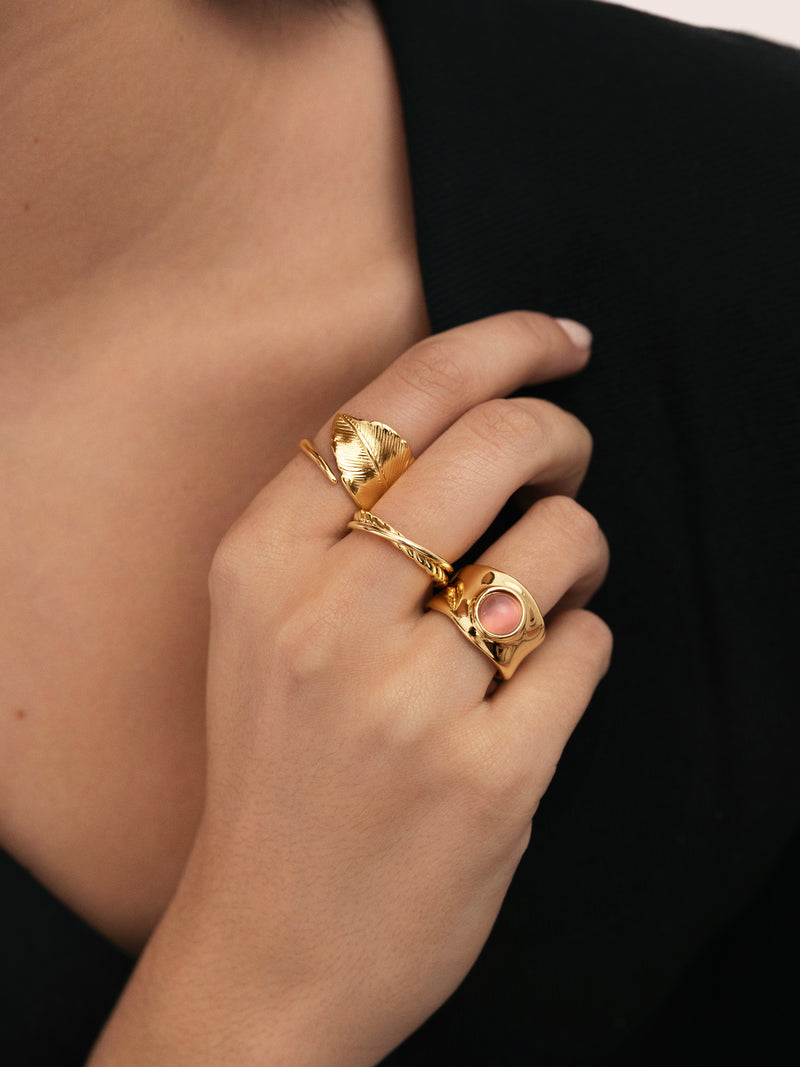 Blatt Ring Edelstahl, vergoldet