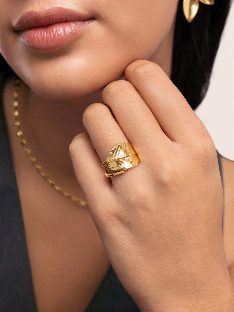 Blatt Ring Edelstahl, vergoldet