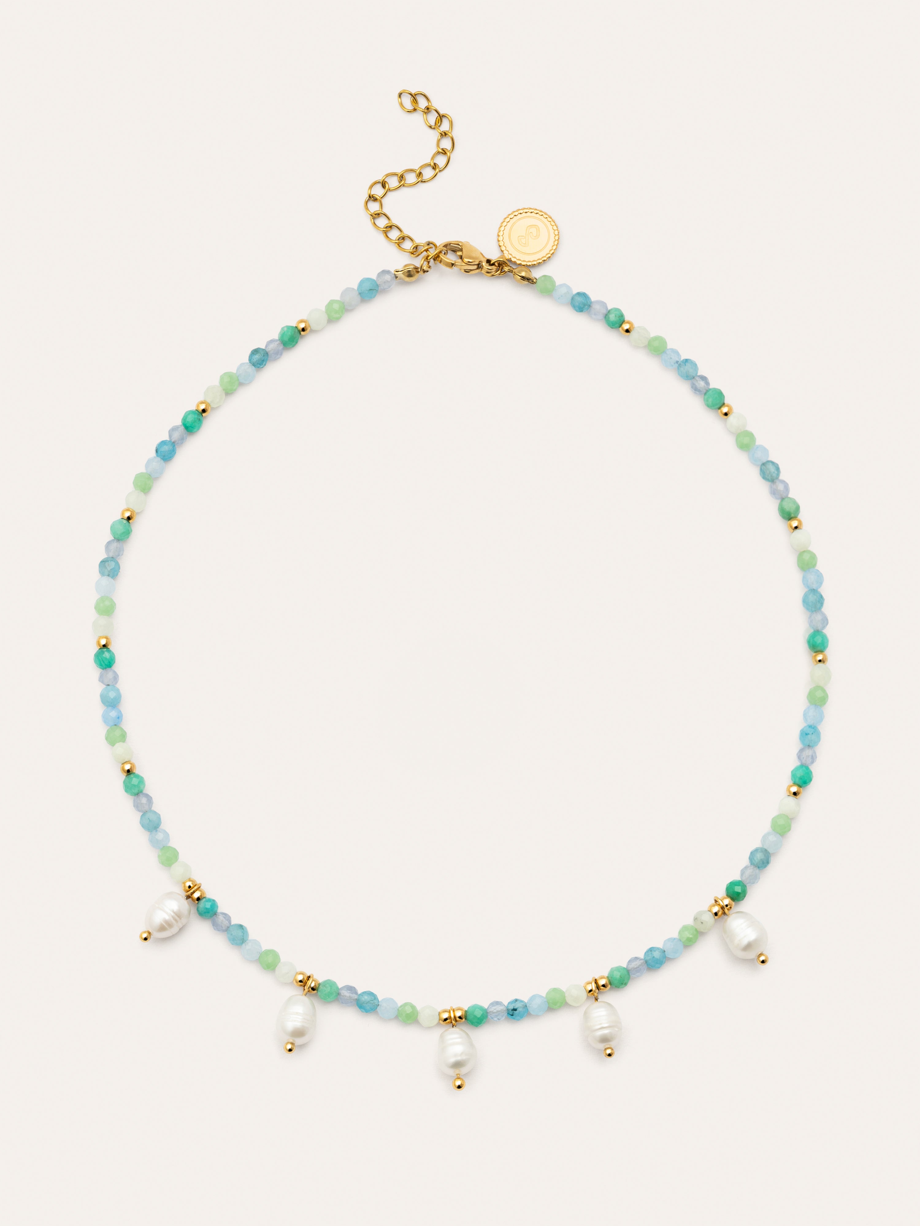 Collar Crystal Blue Pearls Acero Baño Oro