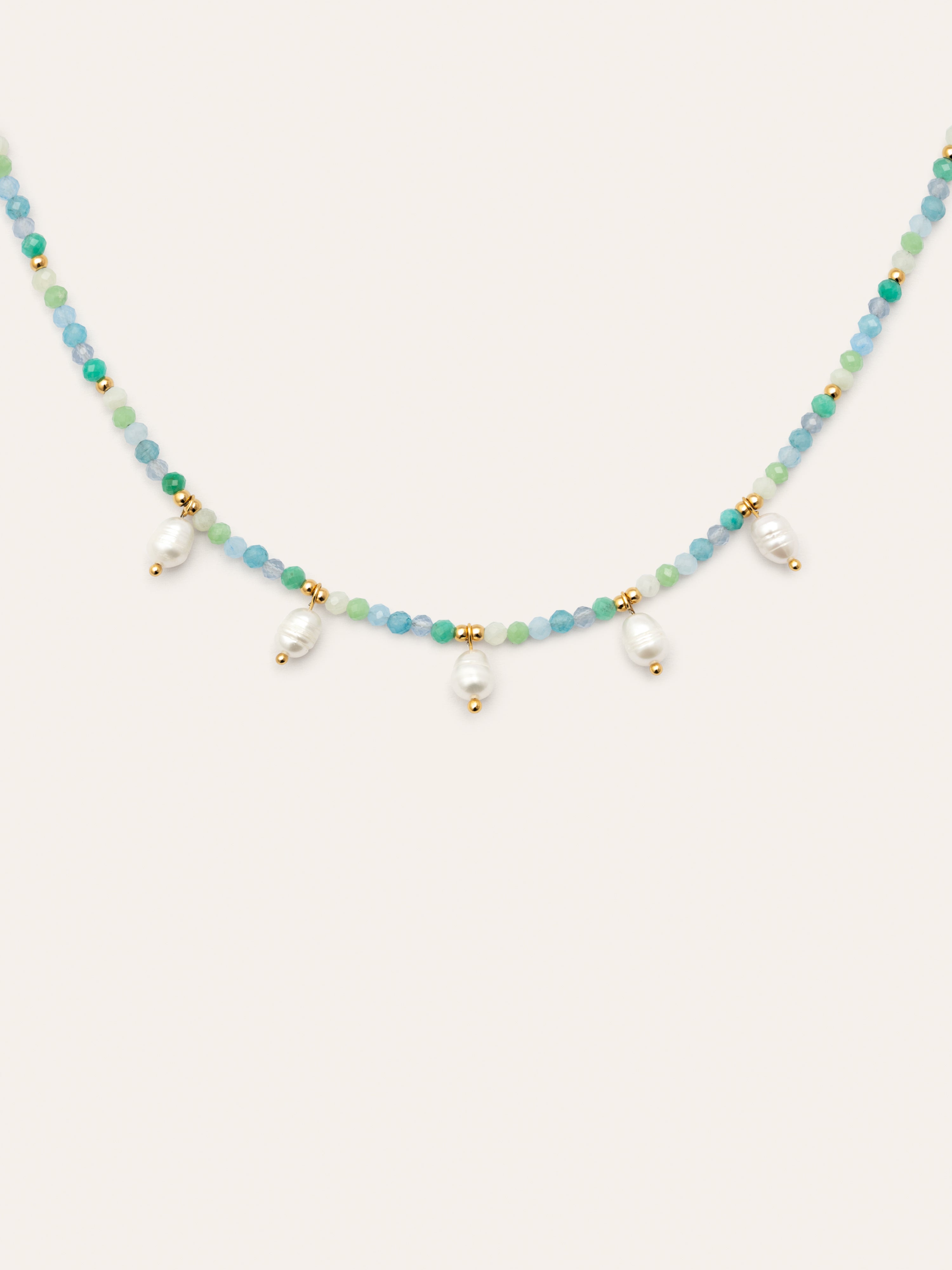 Collar Crystal Blue Pearls Acero Baño Oro