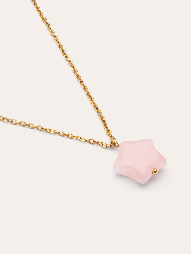 Collar Estrella Cuarzo Rosa Acero Baño Oro