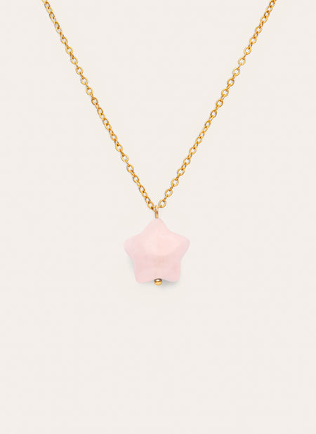 Collar Estrella Cuarzo Rosa Acero Baño Oro
