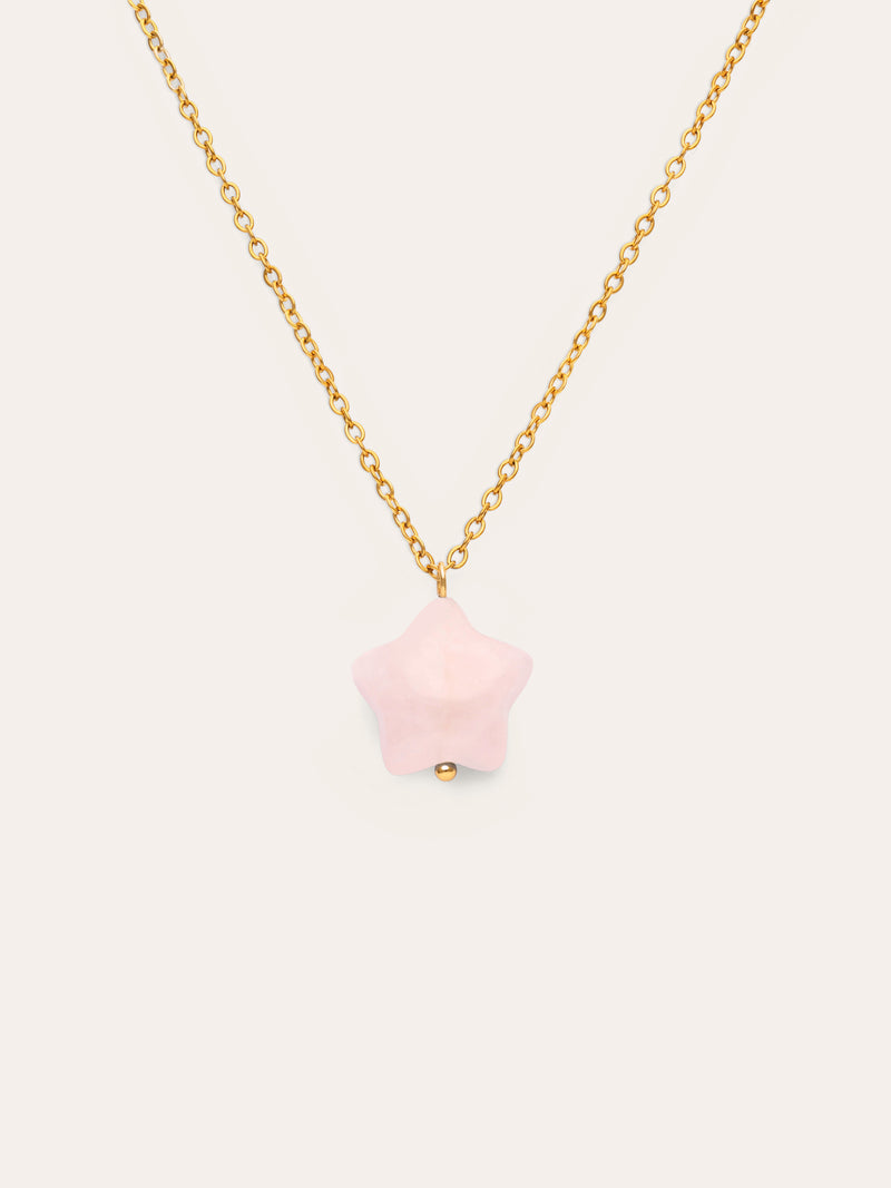 Collar Estrella Cuarzo Rosa Acero Baño Oro