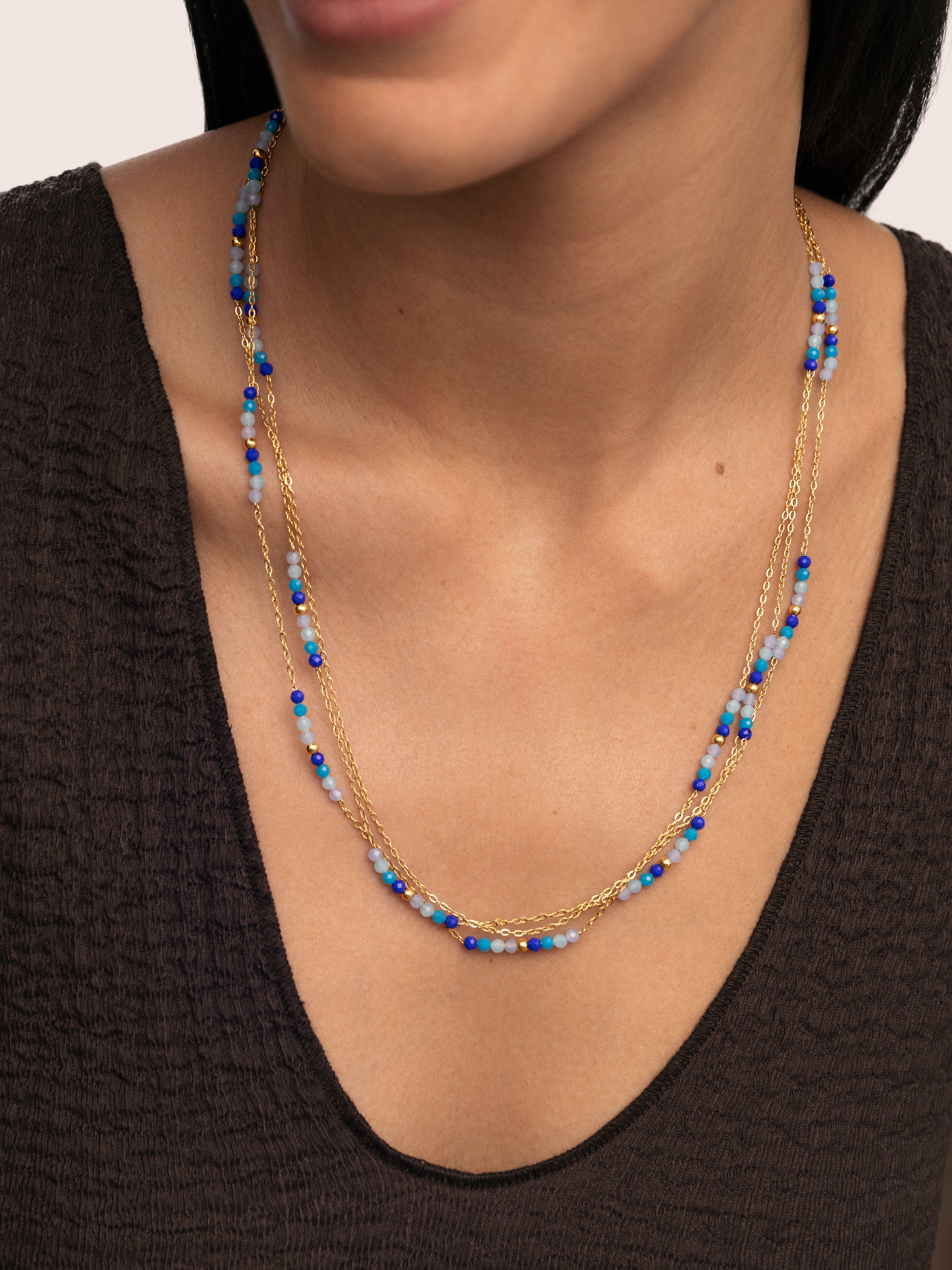 Collar Long Crystal Sea Acero Baño Oro