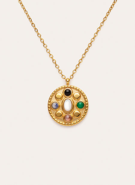 Collar Medallion Five Stones Mística Acero Baño Oro