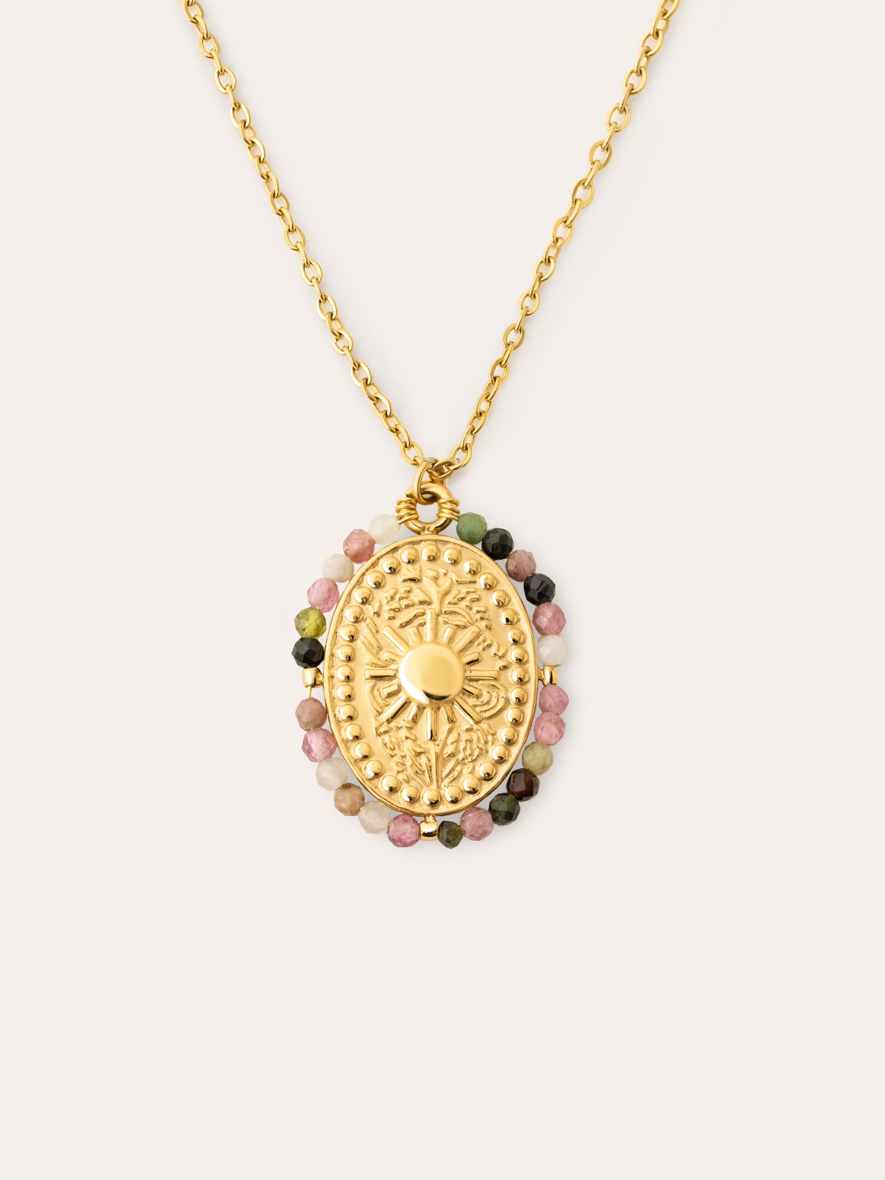 Medallion Stones Sun Stainless Steel Gold Necklace