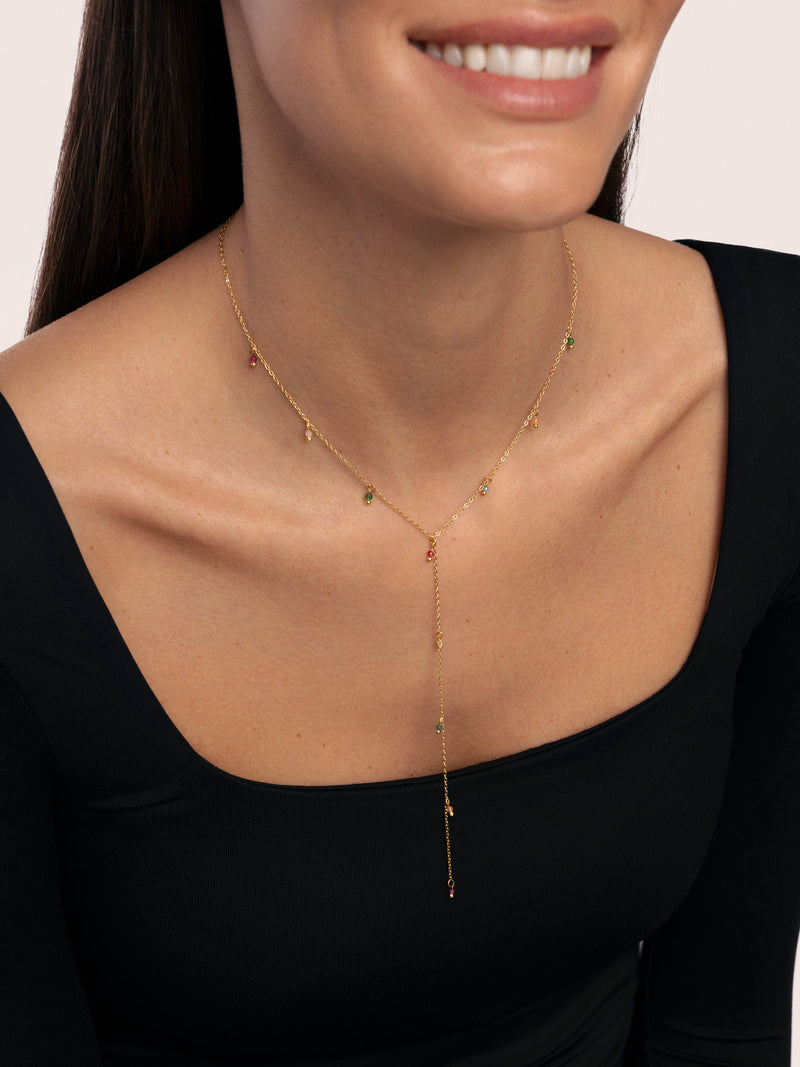 Collier Y Mini Stone Colors Acier Plaqué Or