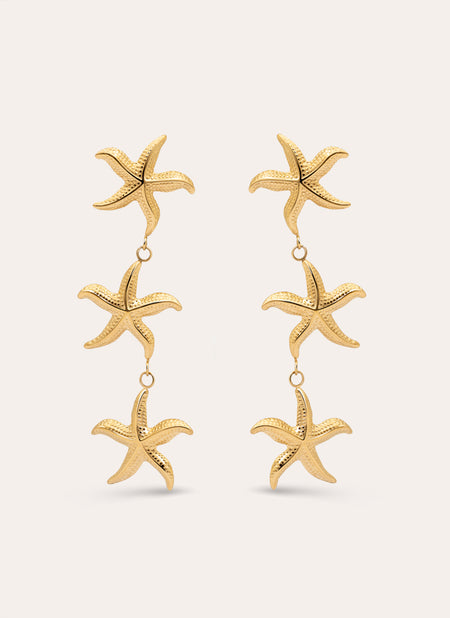 Triple Starfish Stainless Steel Gold Earrings 