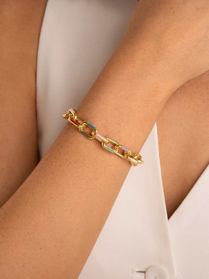 Pulseira Link Rainbow Enamel Aço Banho de Ouro