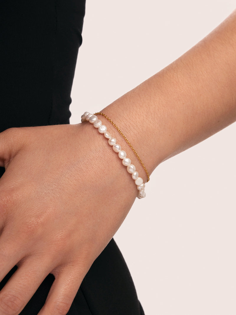 Pearl Chain Stainless Steel Gold Bracelet 