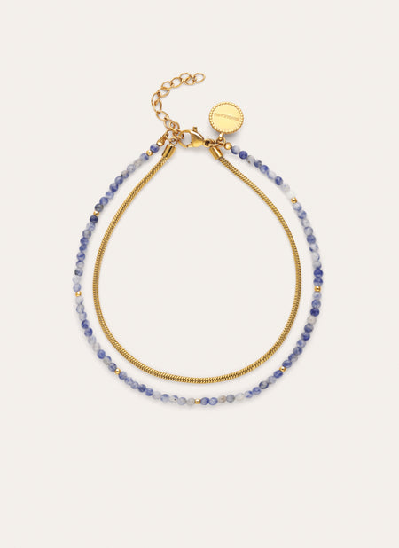 Tobillera Doble Cleopatra Azul Acero Baño Oro