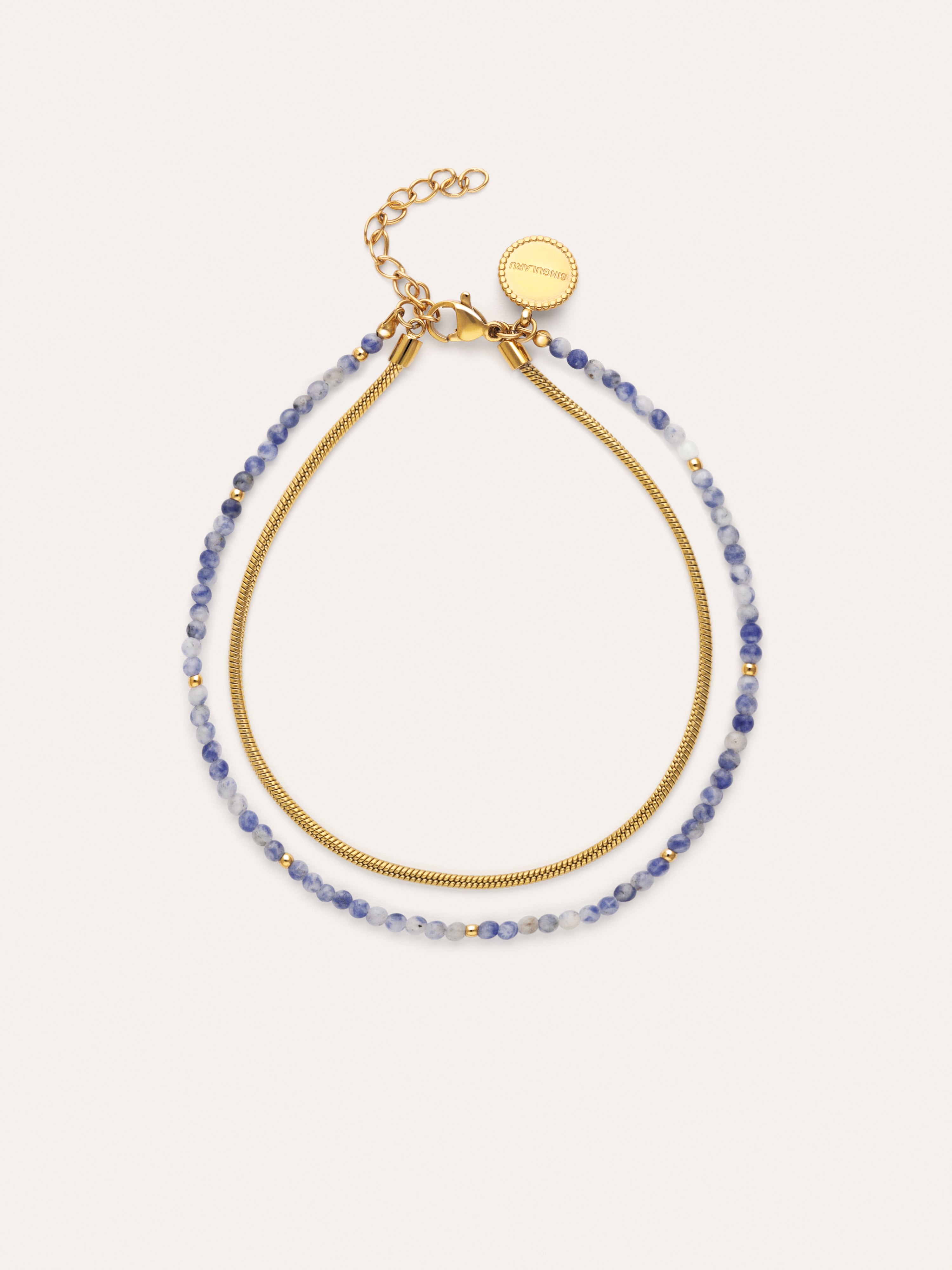 Tobillera Doble Cleopatra Azul Acero Baño Oro