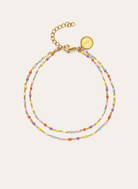 Tobillera Doble Pontos Cores Esmalte Aço Banho Ouro