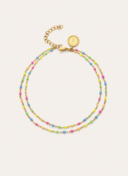Tobillera Doble Dots Neon Enamel Acero Baño Oro
