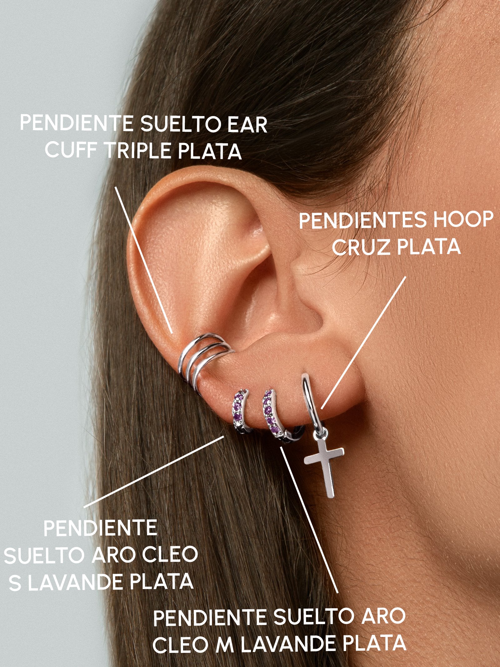 Pendiente Suelto Ear Cuff Triple Plata