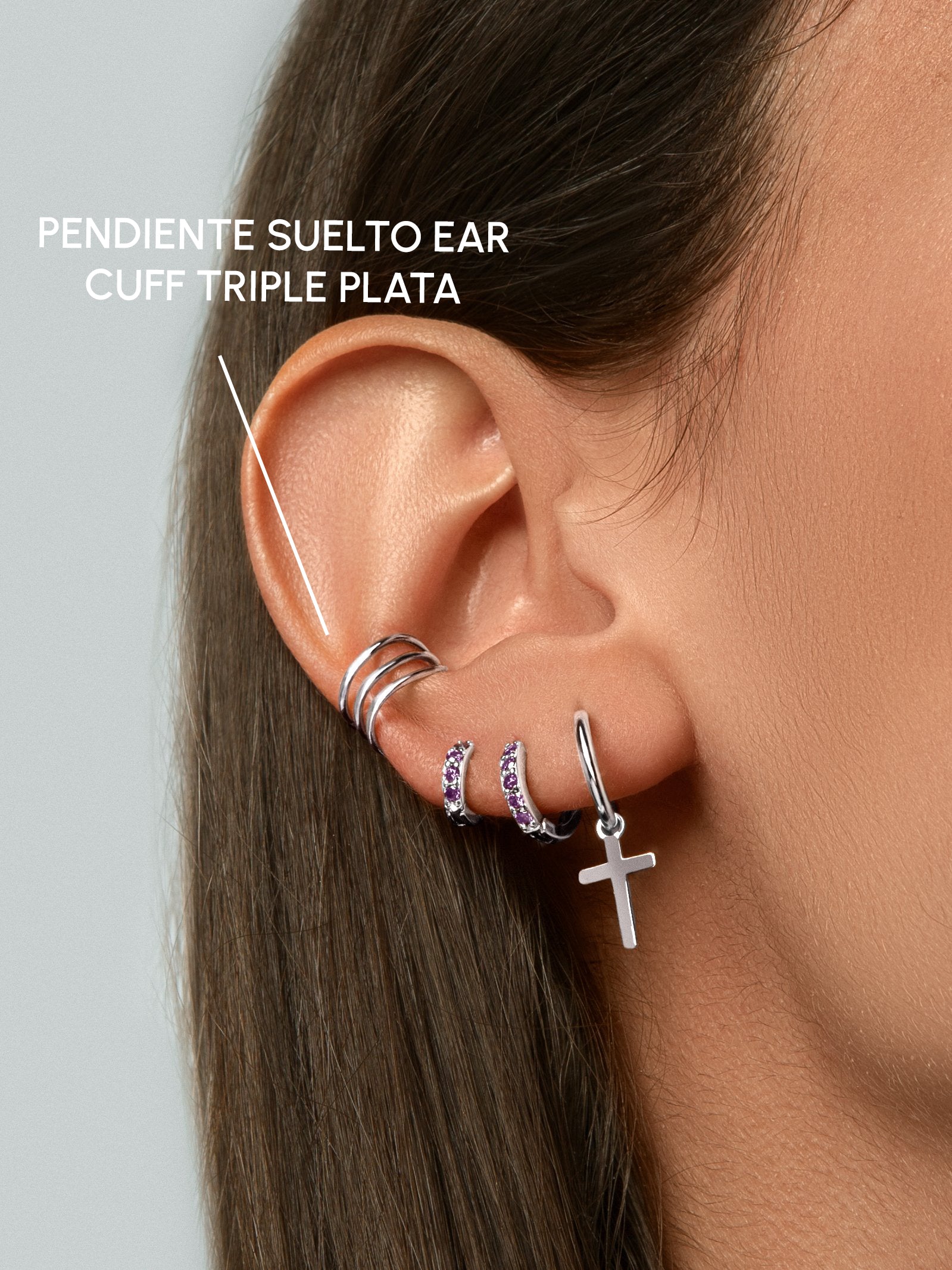 Pendiente Suelto Ear Cuff Triple Plata