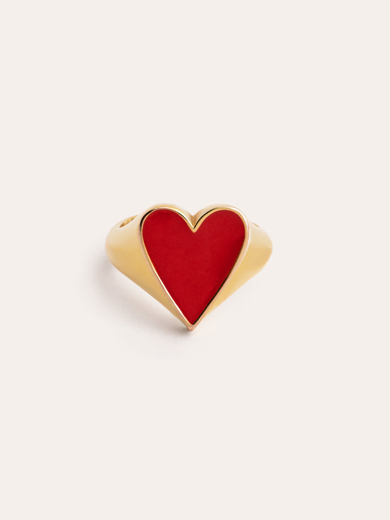 Anel Lovely Heart Red Enamel Banho de Ouro